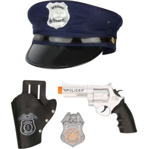 Carnaval verkleed politiepet - blauw - met pistool/badge - heren/dames - verkleedkleding accessoires