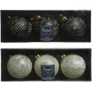 6x stuks luxe glazen kerstballen brass zwart en wit 8 cm - Kerstversiering