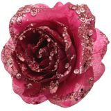 Kerstboom bloemen op clip - 2x stuks - roze glitter - kunststof - 14 cm