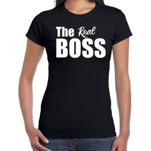 The real boss t-shirt zwart met witte letters voor dames - fun tekst shirts / grappige t-shirts