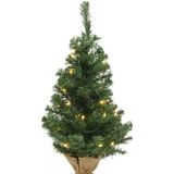 Volle mini kerstboom groen in jute zak met verlichting 60 cm - Inclusief donkergrijze plantenpot 12,5 x 13,5 cm - Kunstboompjes