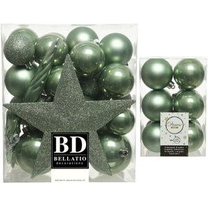 Kerstversiering kunststof kerstballen salie groen 5-6-8 cm pakket van 45x stuks - Met kunststof ster piek van 19 cm