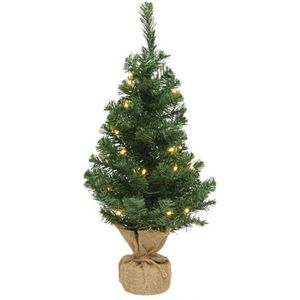 Volle kleine/mini kerstbomen groen in jute zak met verlichting 45 cm - Kunst kerstbomen / kunstbomen