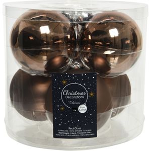 12x stuks kerstballen walnoot bruin van glas 8 cm - mat en glans - Kerstversiering/boomversiering