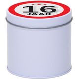 Cadeau/kado wit rond blik 16 jaar 10 cm - Snoepblikken - Cadeauverpakking voor verjaardag/jubileum