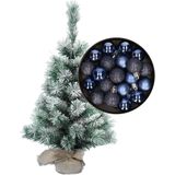 Besneeuwde mini kerstboom/kunst kerstboom 35 cm met kerstballen donkerblauw - Kerstversiering