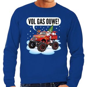 Grote maten foute Kersttrui / sweater - Santa op monstertruck / truck - vol gas ouwe - blauw voor heren - kerstkleding / kerst outfit