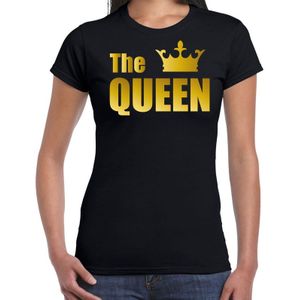 The queen t-shirt zwart met gouden letters en kroon voor dames - Koningsdag - fun tekst shirts