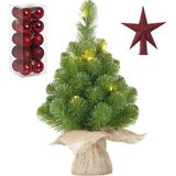 Kunst kerstboom met 10 LED lampjes 45 cm inclusief rode versiering 21-delig - Mini kerstboompjes