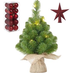 Kunst kerstboom met 10 LED lampjes 45 cm inclusief rode versiering 21-delig - Mini kerstboompjes