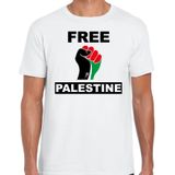 Free Palestine t-shirt wit heren - Palestina protest/ demonstratie shirt met Palestijnse vlag in vuist