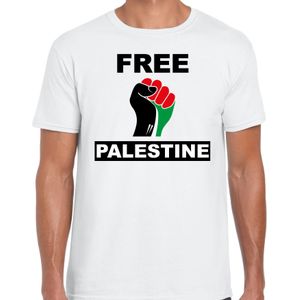 Free Palestine t-shirt wit heren - Palestina protest/ demonstratie shirt met Palestijnse vlag in vuist