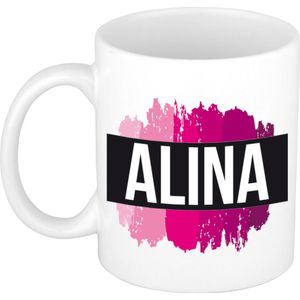 Alina  naam cadeau mok / beker met roze verfstrepen - Cadeau collega/ moederdag/ verjaardag of als persoonlijke mok werknemers