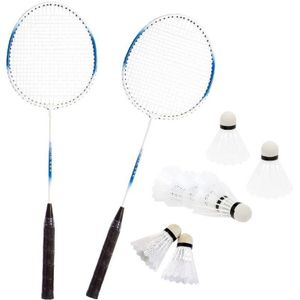 Badminton set blauw/wit met 8x shuttles en opbergtas voor volwassenen