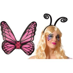 Vlinder verkleed set - vleugels en diadeem - roze - volwassenen - carnaval verkleed accessoires