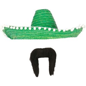 Carnaval verkleed set - Mexicaanse sombrero hoed dia 50 cm met plaksnor - groen - heren