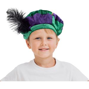 Luxe pietenmuts/baret groen/paars voor kinderen - Pietenbaret - Sint en Piet verkleedaccessoire