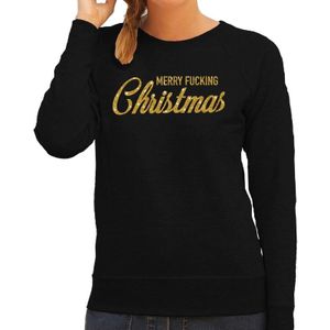 Foute Kersttrui / sweater - Merry Fucking Christmas - goud / glitter - zwart - dames - kerstkleding / kerst outfit