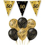 50 jaar verjaardag versiering pakket zwart/goud vlaggetjes/ballonnen