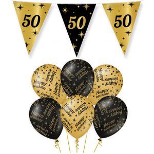 50 jaar verjaardag versiering pakket zwart/goud vlaggetjes/ballonnen