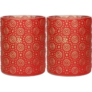 Countryfield Luxe theelichthouder - 2x stuks - Fantasy - glas - rood/goud - D8 x H10 cm