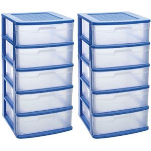 2x stuks ladeblok/bureau organizer met 5x lades blauw/transparant - L40 x B39 x H81 cm - Opruimen/opbergen laatjes