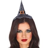 Halloween heksenhoed - mini hoedje op diadeem met sluier - one size - zilver - meisjes/dames