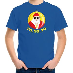 Bellatio Decorations kerst t-shirt voor kinderen - Kerstman - blauw - Yo Yo Yo - Kerstdiner