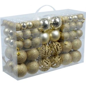 2x pakket met 100x gouden kerstballen kunststof 3, 4, 6 cm - Kerstboomversiering gouden kerstballen kerstversiering