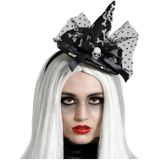 Halloween heksenhoed - mini hoedje op diadeem - one size - zwart/wit - meisjes/dames - verkleed accessoires