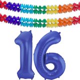 Folat folie ballonnen - Leeftijd cijfer 16 - blauw - 86 cm - en 2x slingers