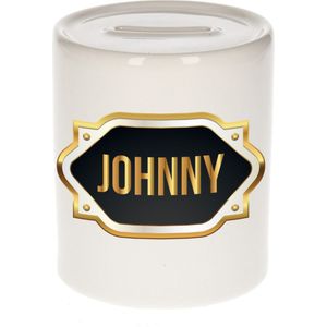 Johnny naam cadeau spaarpot met gouden embleem - kado verjaardag/ vaderdag/ pensioen/ geslaagd/ bedankt