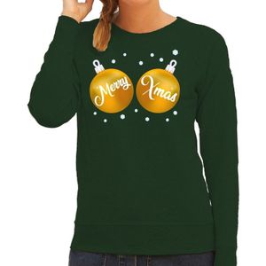 Foute kersttrui / sweater groen met gouden Merry Xmas borsten voor dames - kerstkleding / christmas outfit