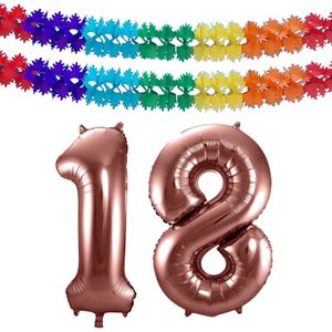 Folat folie ballonnen - Leeftijd cijfer 18 - brons - 86 cm - en 2x slingers