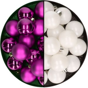 Kerstballen 32x st - mix winter wit/paars - 4 cm - kunststof - kerstversiering