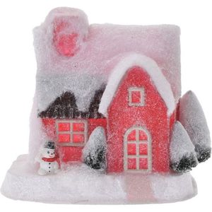 Rood kerstdorp huisje 18 cm type 3 met LED verlichting - kersthuisje