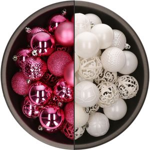 Bellatio Decorations Kerstballen mix - 74-delig - fuchsia roze en wit - 6 cm - kunststof