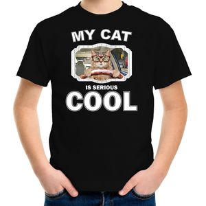 Auto rijdende kat rijdende katten t-shirt my cat is serious cool zwart - kinderen - katten / poezen liefhebber cadeau shirt - kinderkleding / kleding