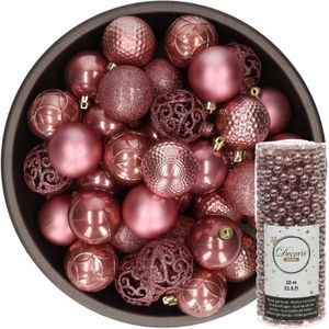 Decoris Kerstballen - 37x stuks - 6 cm - incl. kralenslinger - oudroze - kunststof