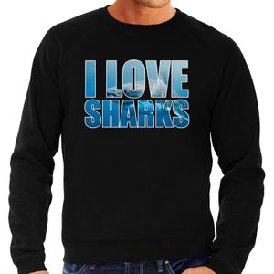Tekst sweater I love sharks met dieren foto van een haai zwart voor heren - cadeau trui haaien liefhebber
