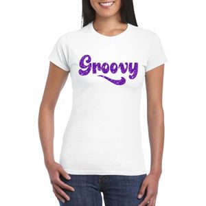 Wit Flower Power  t-shirt Groovy met paarse letters dames - Sixties/jaren 60 kleding