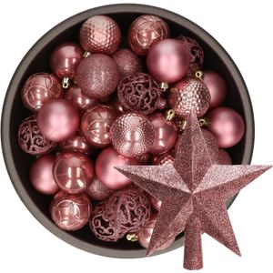 Kerstballen 37x stuks 6 cm - met ster piek - oudroze - kunststof