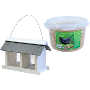 Vogelhuisje/voedersilo met twee vakken wit hout/leisteen 31 cm inclusief 4-seizoenen mueslimix vogelvoer - Vogel voederstation