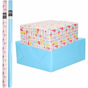 4x Rollen kraft inpakpapier happy birthday pakket - blauw 200 x 70 cm - cadeau/verzendpapier