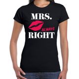 Mrs always right t-shirt zwart met roze lippen voor dames - Vrijgezellenfeest shirt/ bruiloft huwelijk koppel cadeau