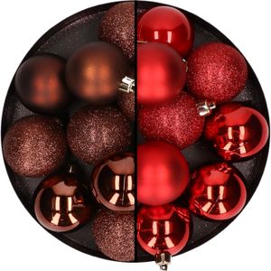24x stuks kunststof kerstballen mix van donkerbruin en rood 6 cm - Kerstversiering