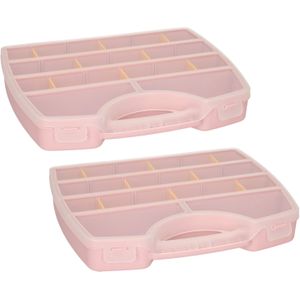 Plasticforte Opbergkoffertje/opbergdoos/sorteerbox - 2x - 13-vaks - kunststof - roze - 25 x 21 x 4 cm