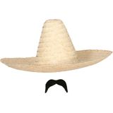 Carnaval verkleed setje - Mexicaanse Sombrero hoed van 59 cm met plak nepsnor - naturel - heren