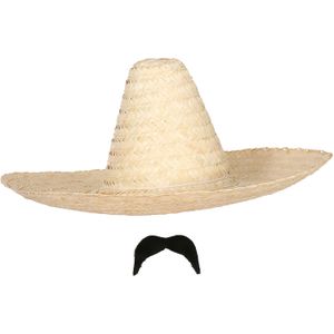 Carnaval verkleed setje - Mexicaanse Sombrero hoed van 59 cm met plak nepsnor - naturel - heren