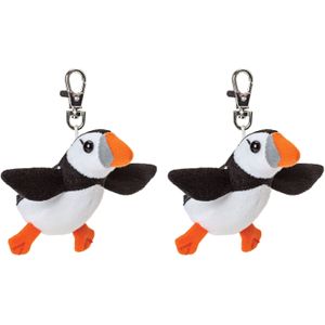 Suki Gifts Pluche knuffeldier Papegaaiduiker vogel sleutelhanger - 2x - zwart/wit - 9 cm - clip sluiting